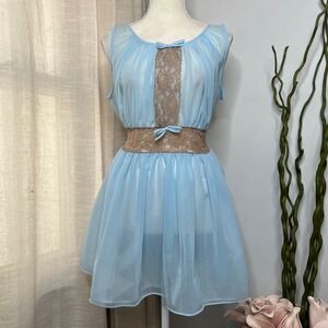 1950s Vintage Babydoll Teddy Sheer‎ Nylon Lace Lingerie Powder Blue Size Medium